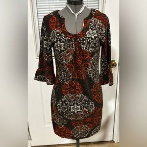 Aryeh brown shift dress with Orange and beige Medallion Print